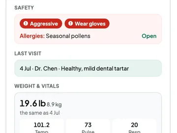 At a glance beside a visit: Bear's Aggressive and Wear gloves alerts, his allergies, his last visit and his weight.